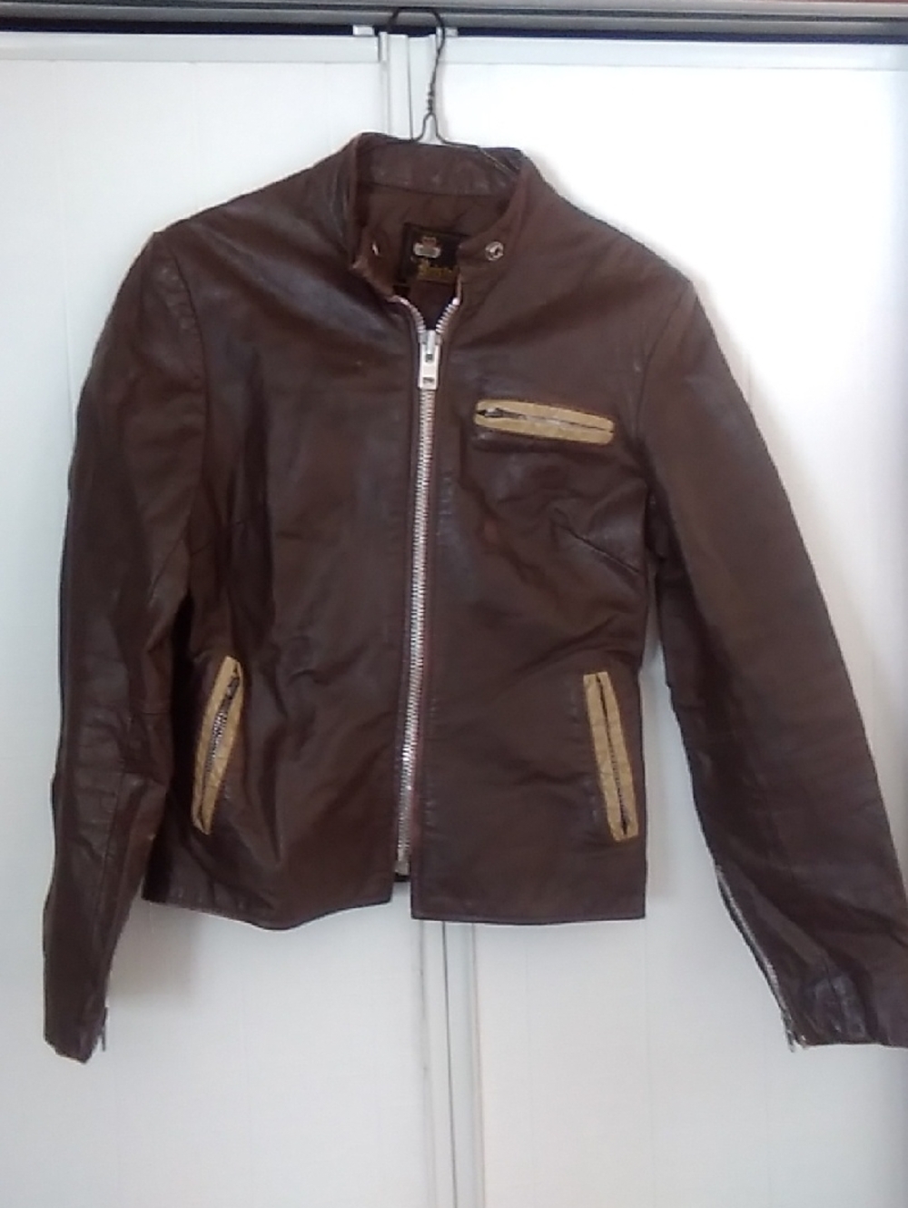 Classic Brown Leather Jacket with Tan Trim